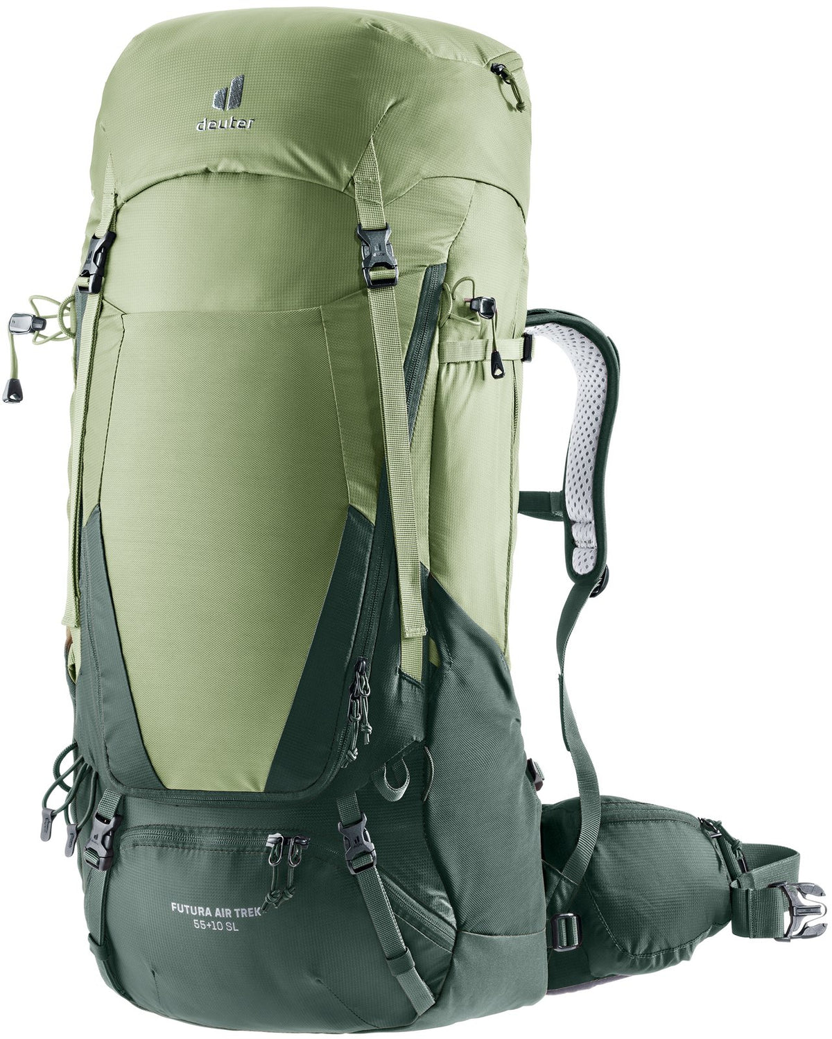 Deuter Futura Air Trek 55+10 SL in Grove Ivy, light green and dark green front three-quarter view