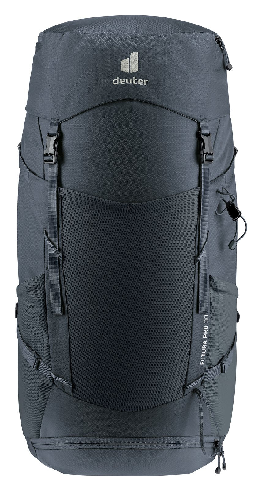 Deuter Futura Pro 30 SL in Black, straight-on front view of the mesh front pocket