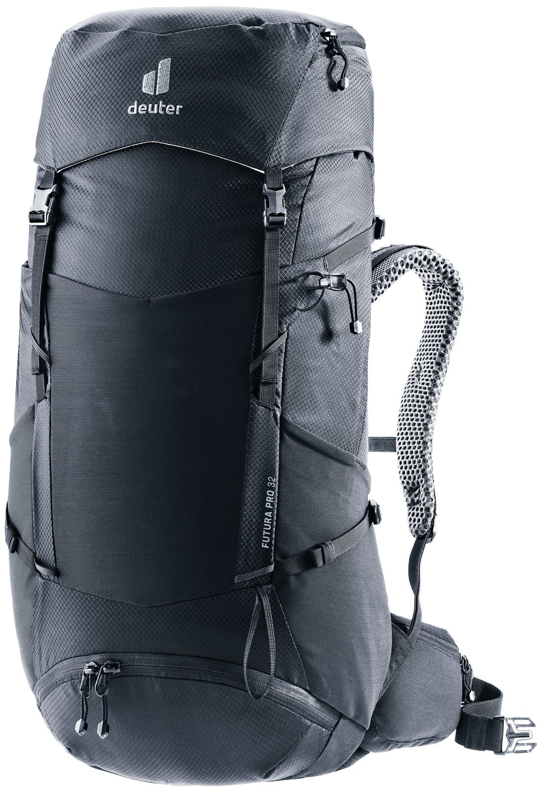 Deuter Futura Pro 32 hiking backpack in Black, front three-quarter view