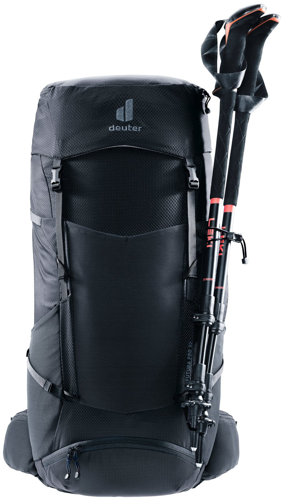 Deuter Futura Pro 32 in Black, front view with trekking poles held on the side pole attachment