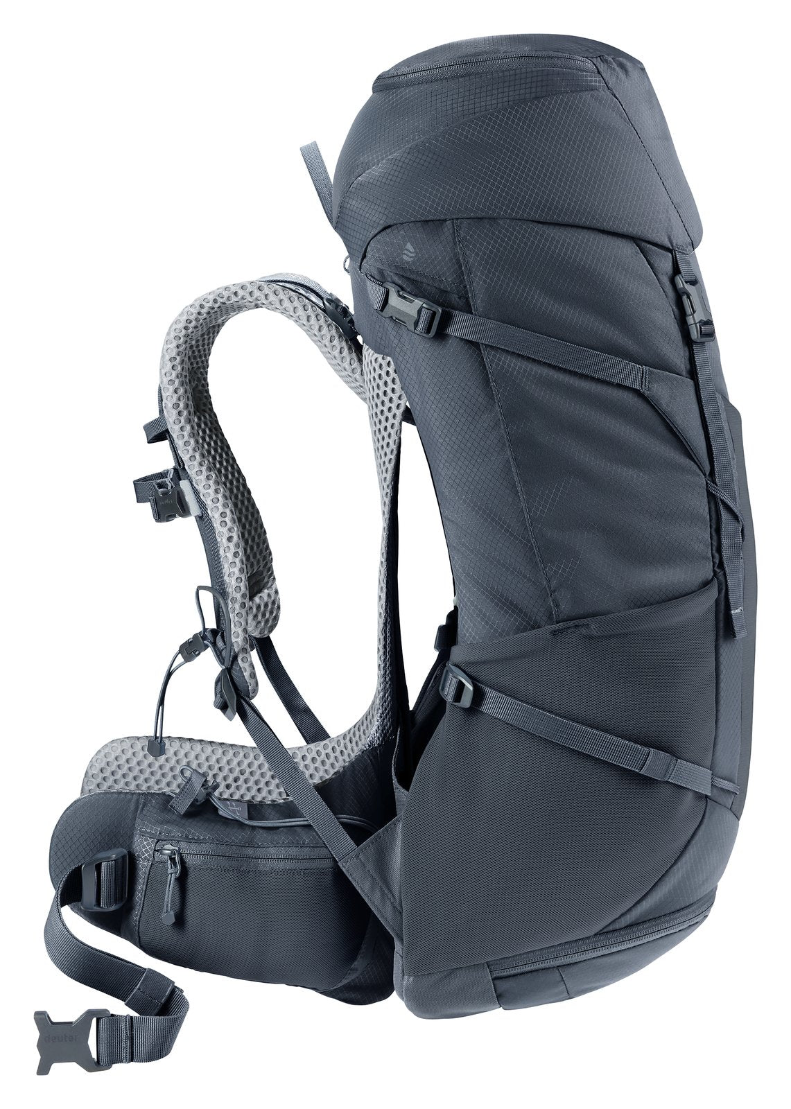 Deuter Futura Pro 34 SL side profile of the arched frame and suspended mesh back