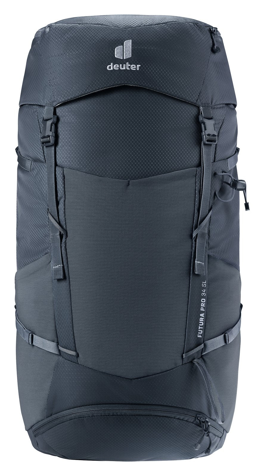Deuter Futura Pro 34 SL in Black, straight-on front view of the mesh front pocket