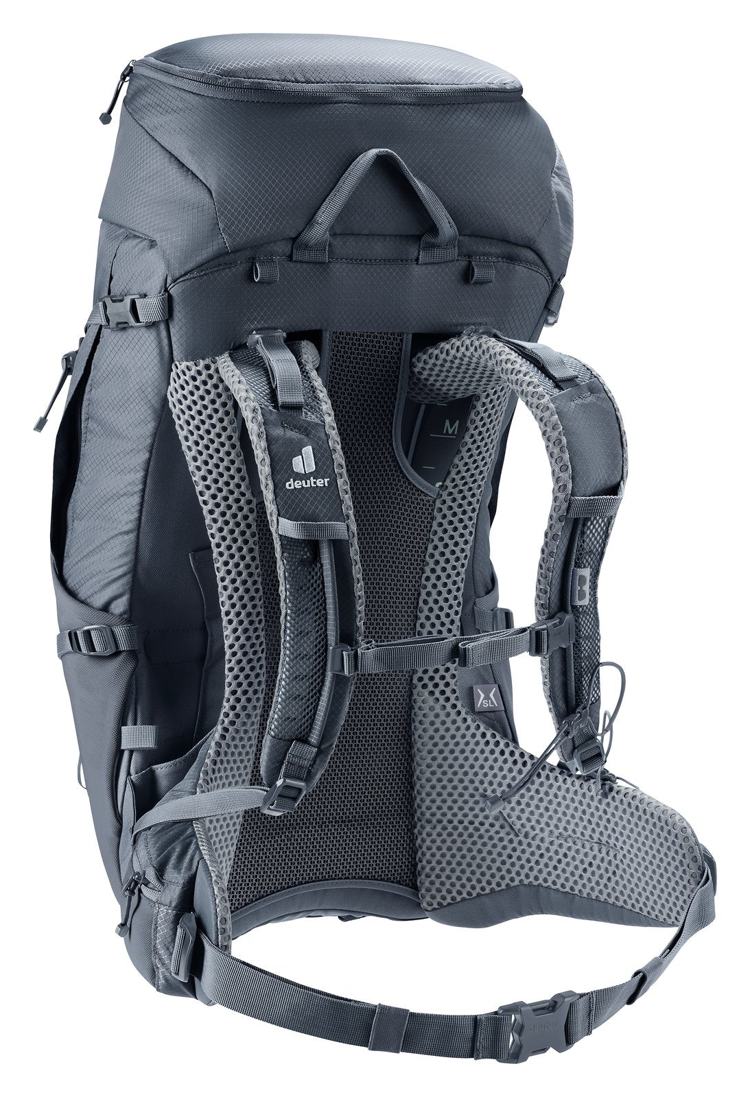 Deuter Futura Pro 34 SL rear three-quarter view of the shoulder straps and sternum strap