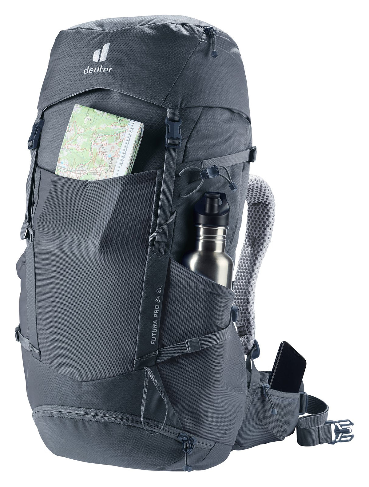 Deuter Futura Pro 34 SL with a map in the front pocket, bottle at the side and phone on the hip fin