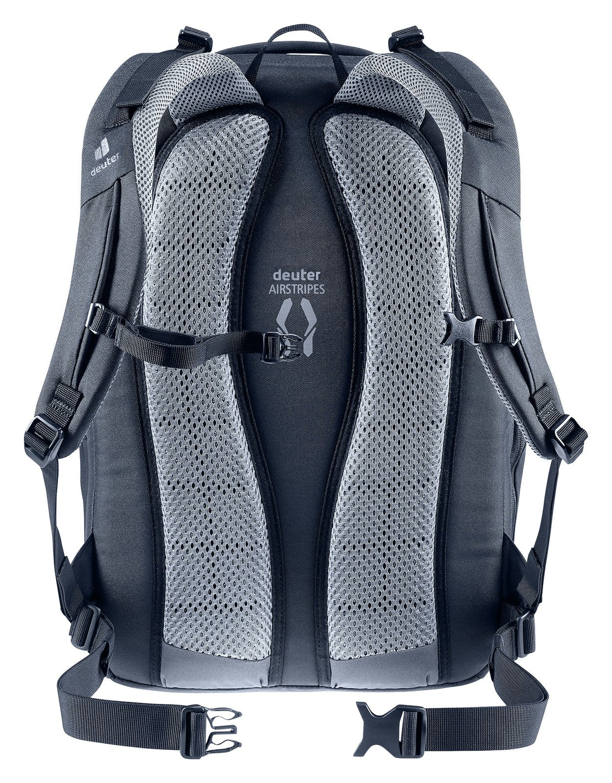 Back of the Deuter Gigant showing the Airstripes mesh pads, shoulder straps and waist belt