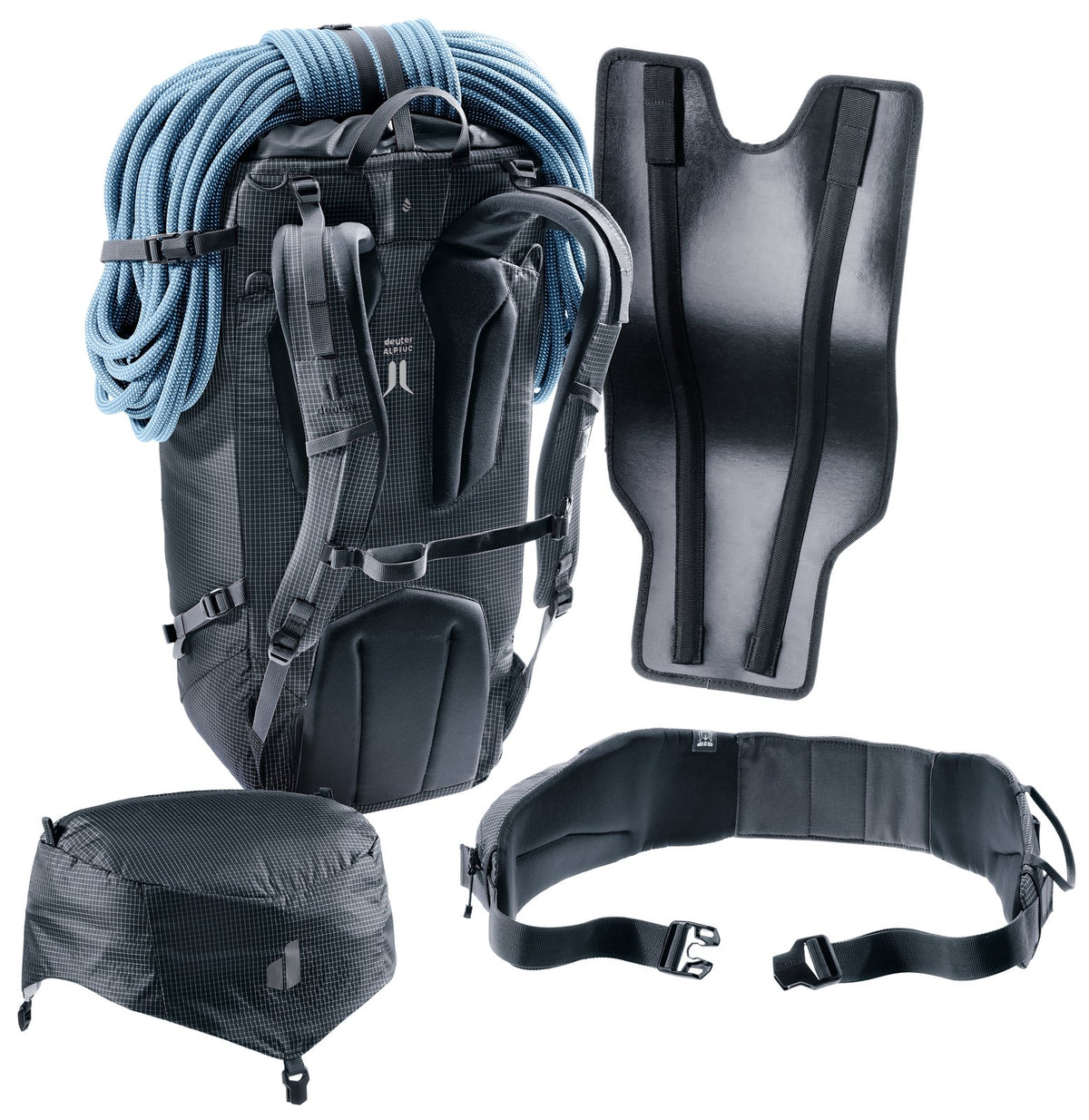 Deuter Guide 32+6 SL stripped down with lid, hip fins and backplate removed alongside