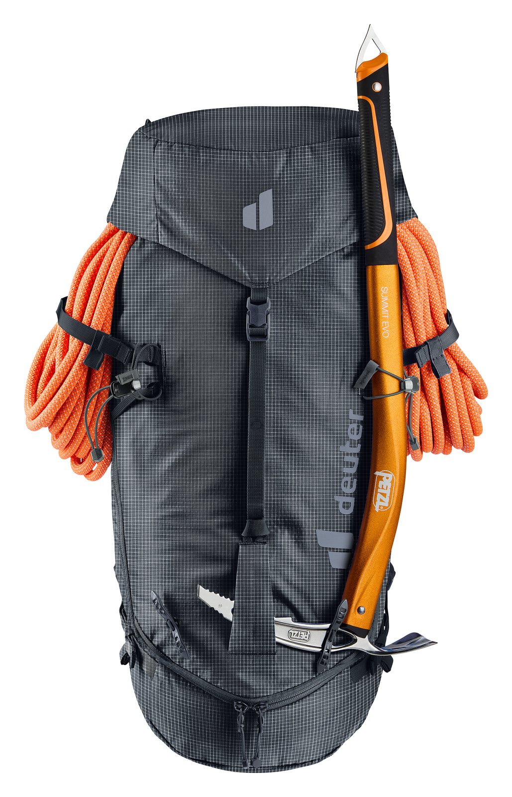 Deuter Guide 32+6 SL in Black with a coiled rope strapped across the front and an ice axe on the front