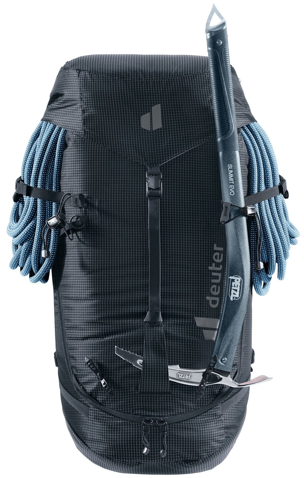 Deuter Guide 34+6 with a coiled rope strapped across the front and one ice axe on the front