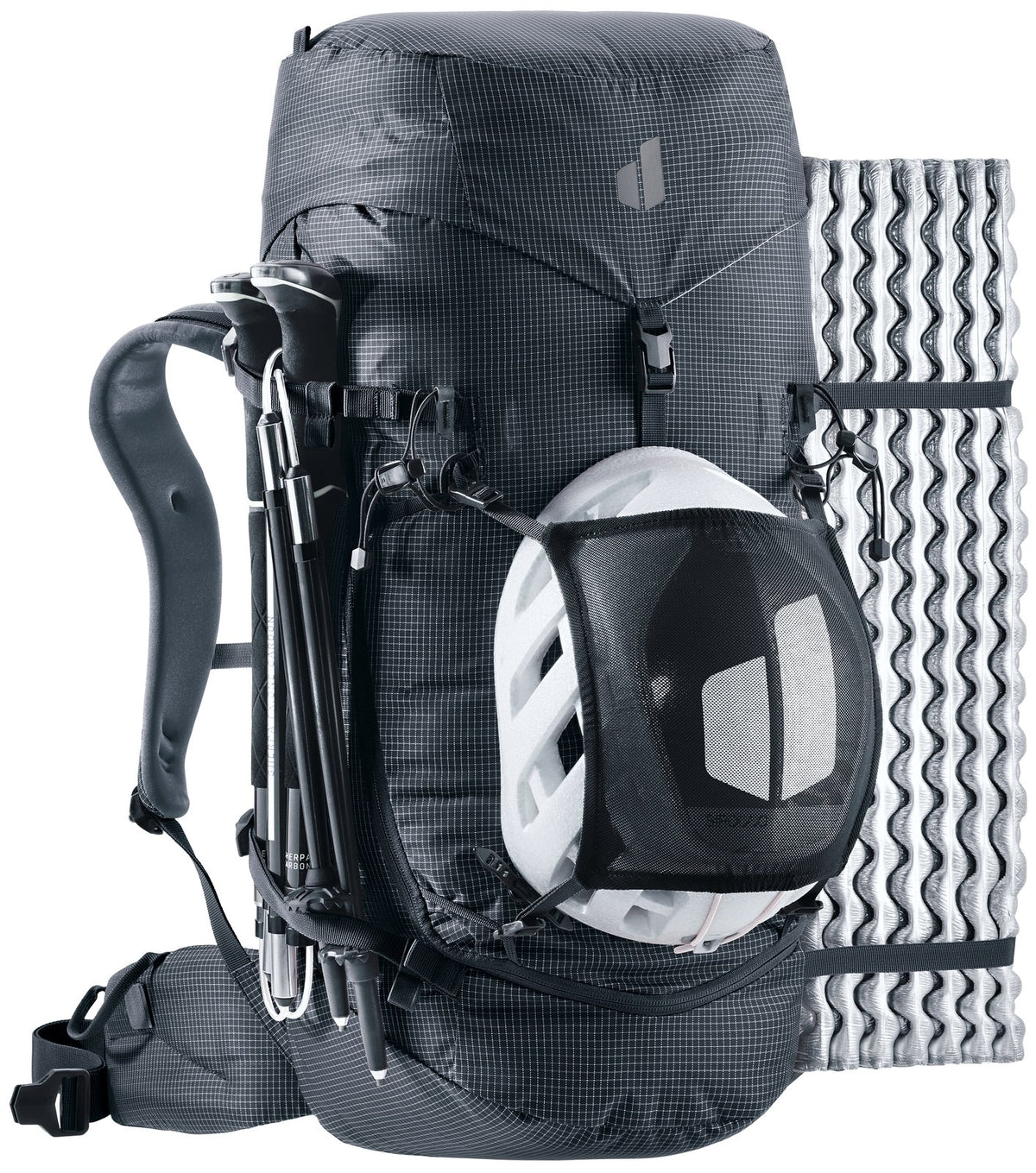 Deuter Guide 34+6 with folded trekking poles at the side, a helmet in the mesh holder and a foam mat strapped on