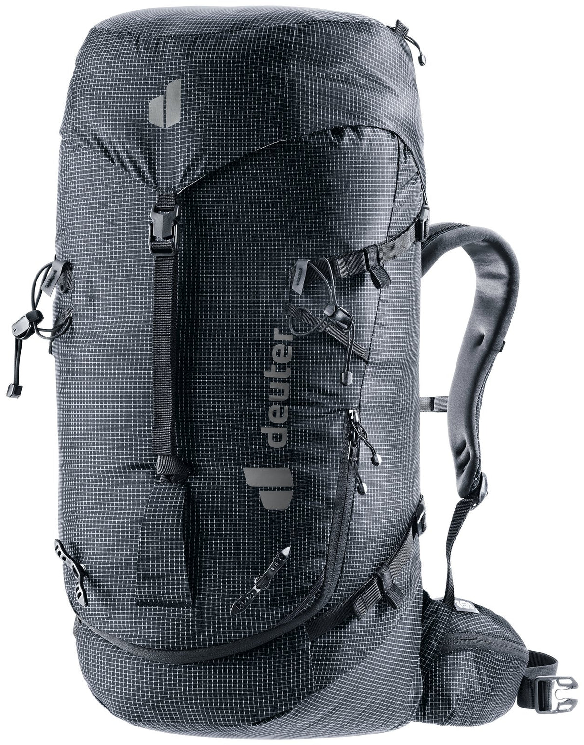 Deuter Guide 34+6 alpine backpack in Black, front three-quarter view