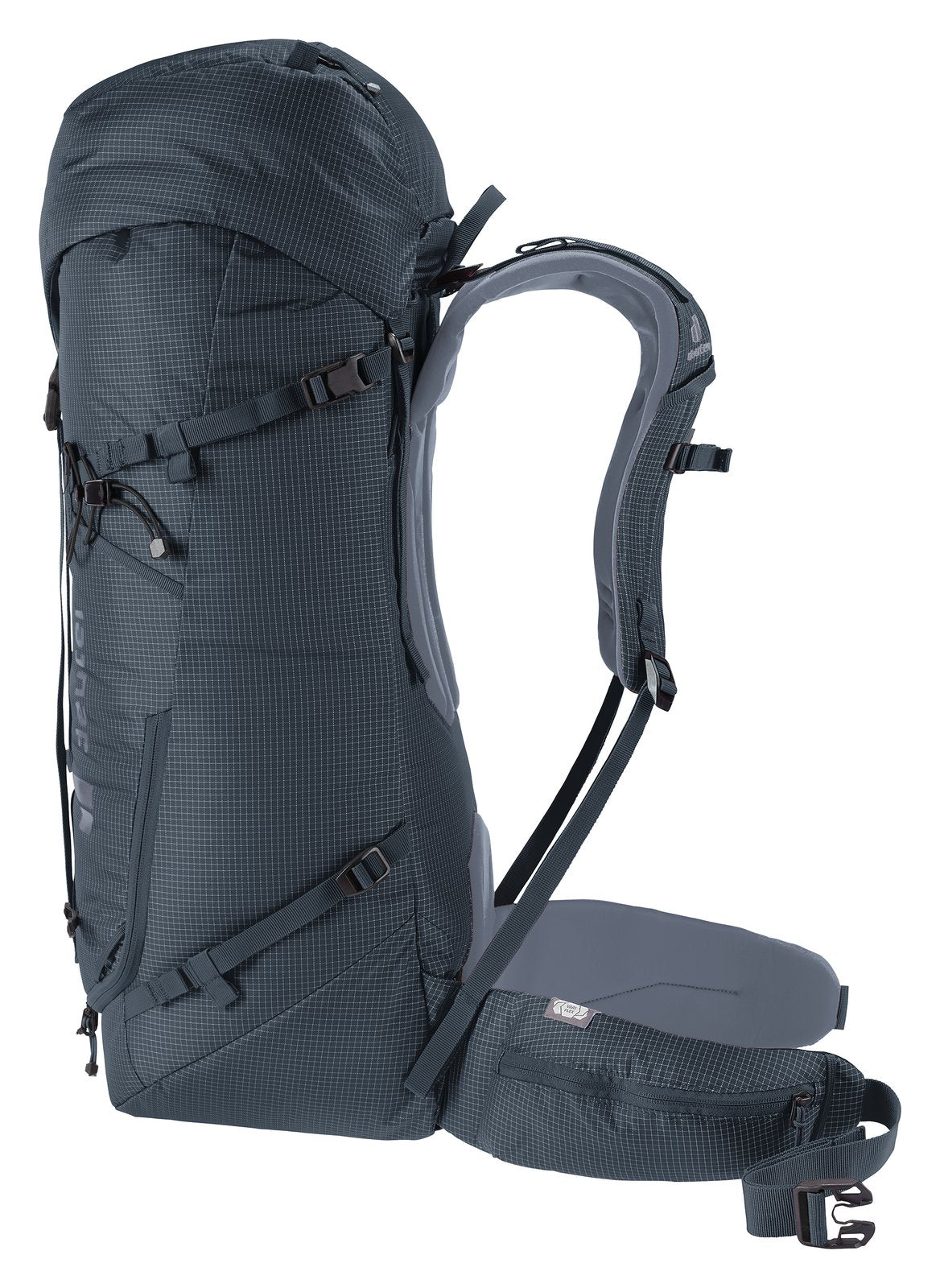 Deuter Guide 44+6 side view of the shoulder straps and slim body
