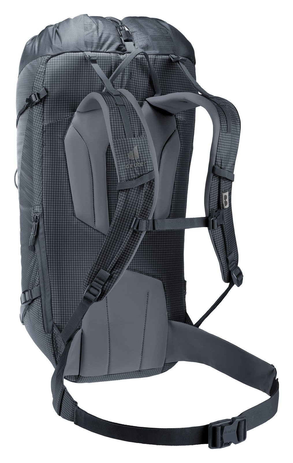 Deuter Guide Lite 30 rear three-quarter view of the harness and stabiliser straps