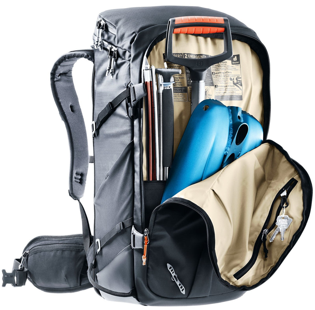 Deuter Jaypack Pro 34+14 front pocket open holding an avalanche shovel and probe