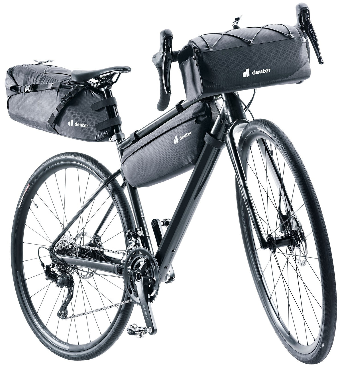 Gravel bike carrying the Deuter Mondego HB 8 on the bars alongside other Mondego bags
