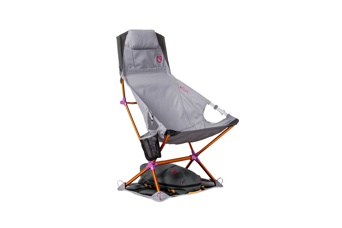 Nemo Satellite reclining chair in Quicksilver grey with orange frame on its carry case