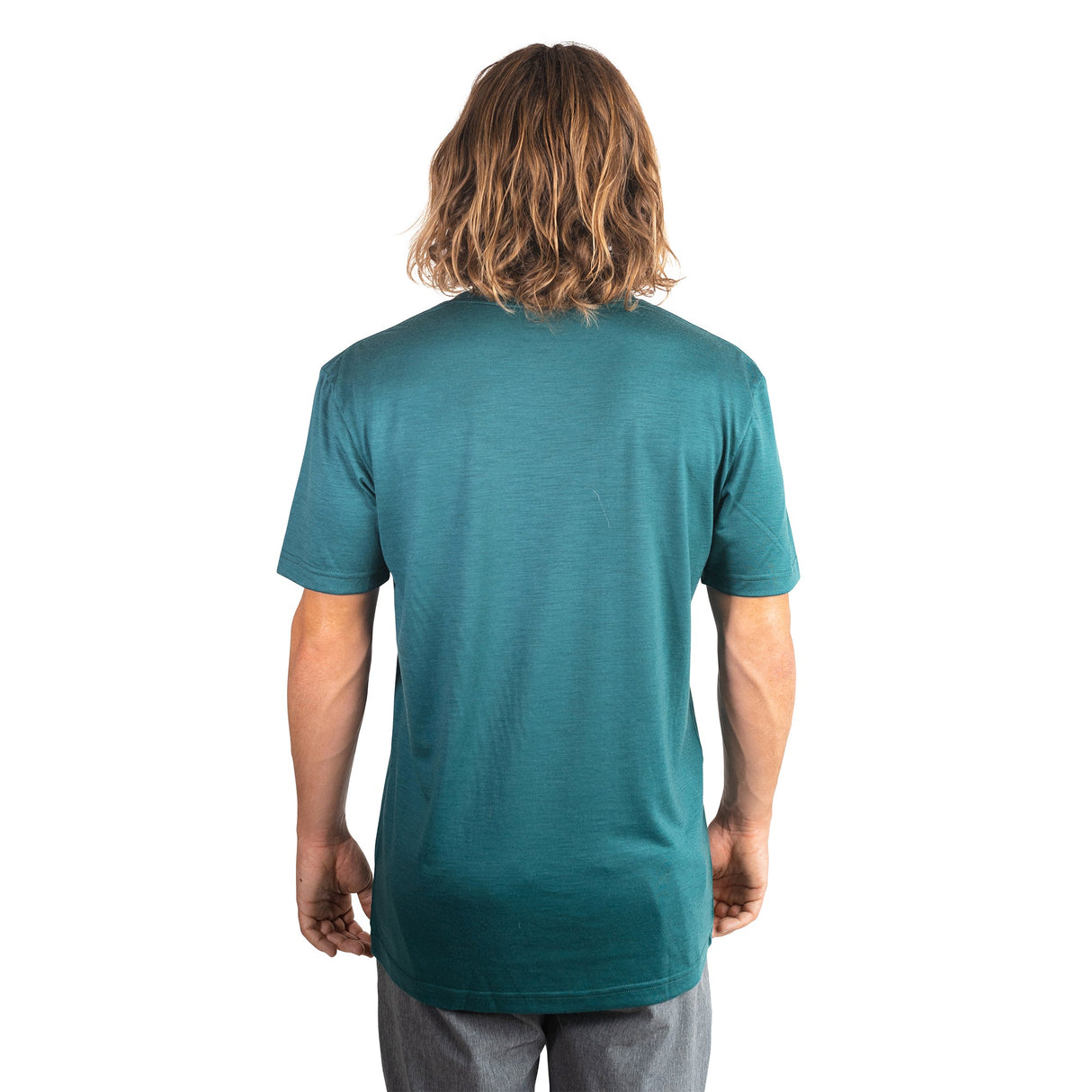 Back shot of Ottie Merino men's Otway Fern short sleeve merino wool t-shirt on 173cm model who is wearing a size medium