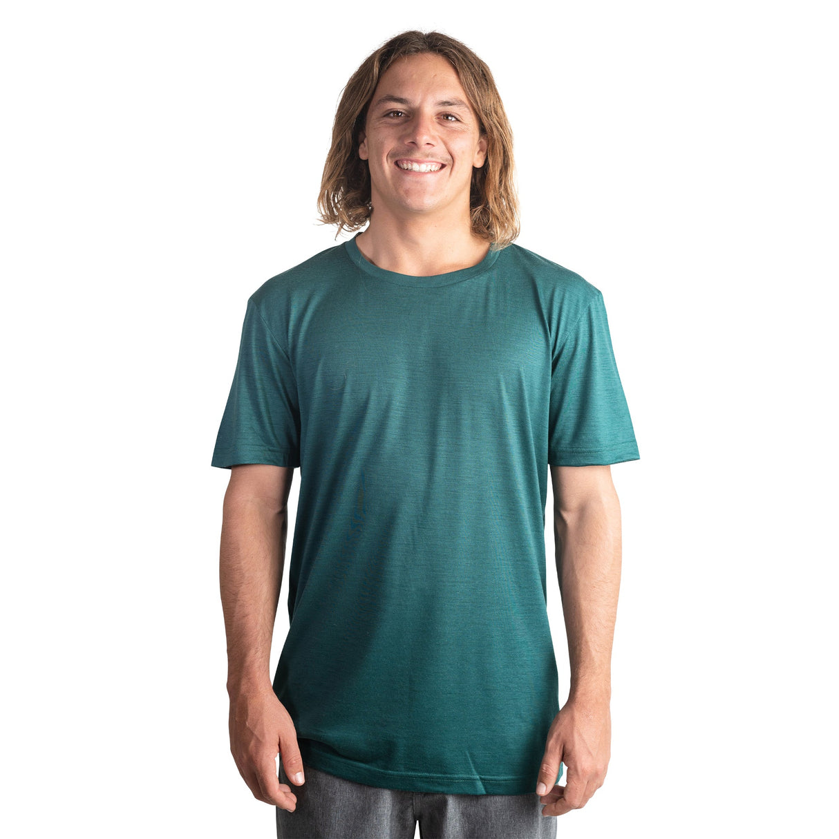 Front shot of Ottie Merino men's Otway Fern short sleeve merino wool t-shirt on 173cm model who is wearing a size medium