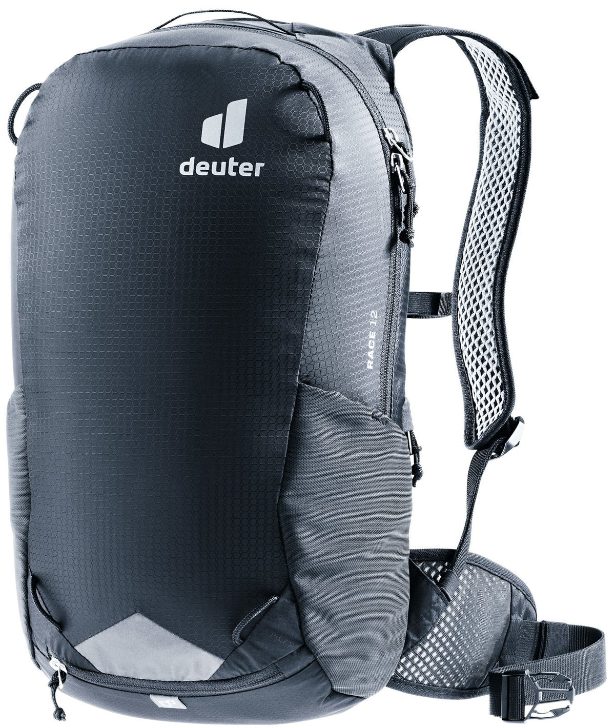 Deuter Race 12 bike backpack in Black, front three-quarter view with reflective patch