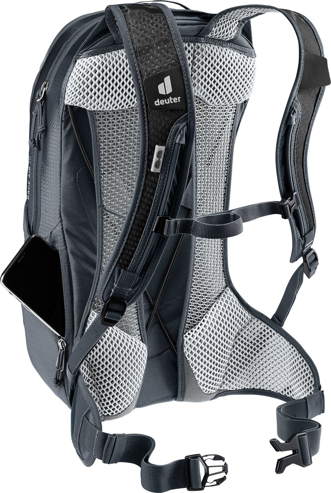 Deuter Race Air 10 harness view with a phone in the side pocket