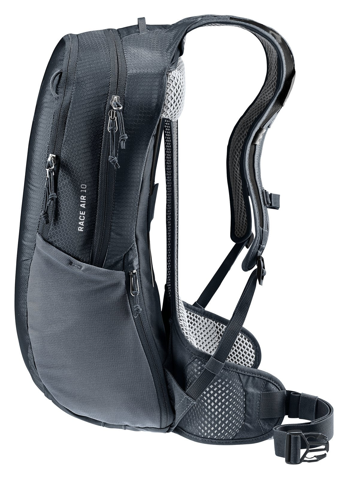 Deuter Race Air 10 side view with stretch side pocket and reflective logo