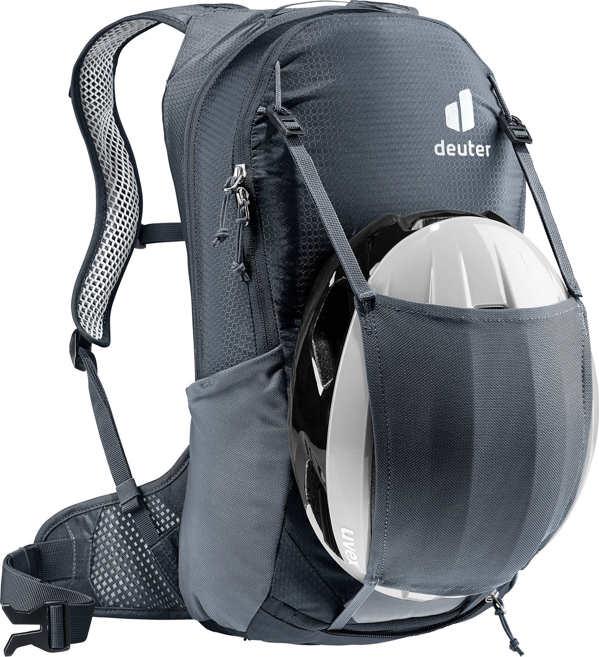Deuter Race Air 10 carrying a white bike helmet in the integrated helmet net