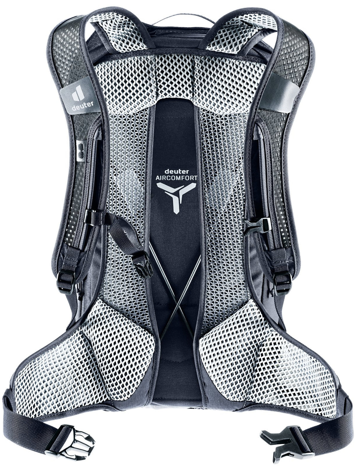 Back of the Deuter Race Air 14+3 showing the split Aircomfort mesh back and mesh hip fins