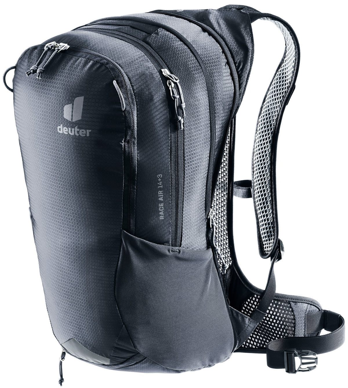 Deuter Race Air 14+3 in Black, side three-quarter view with zipped side pocket