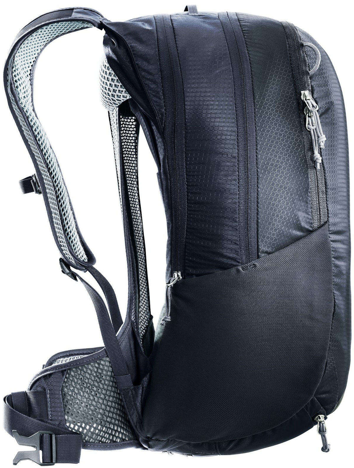Side profile of the Deuter Race Air 14+3 in Black showing the gap behind the mesh back