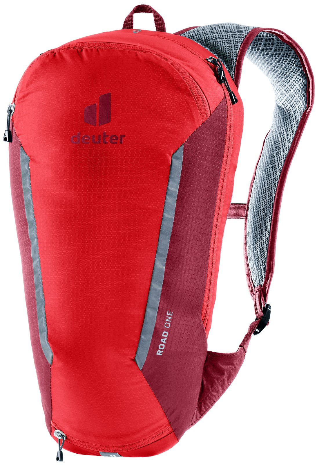 Deuter Road One in Cherry Masala, red cycling backpack with reflective strips