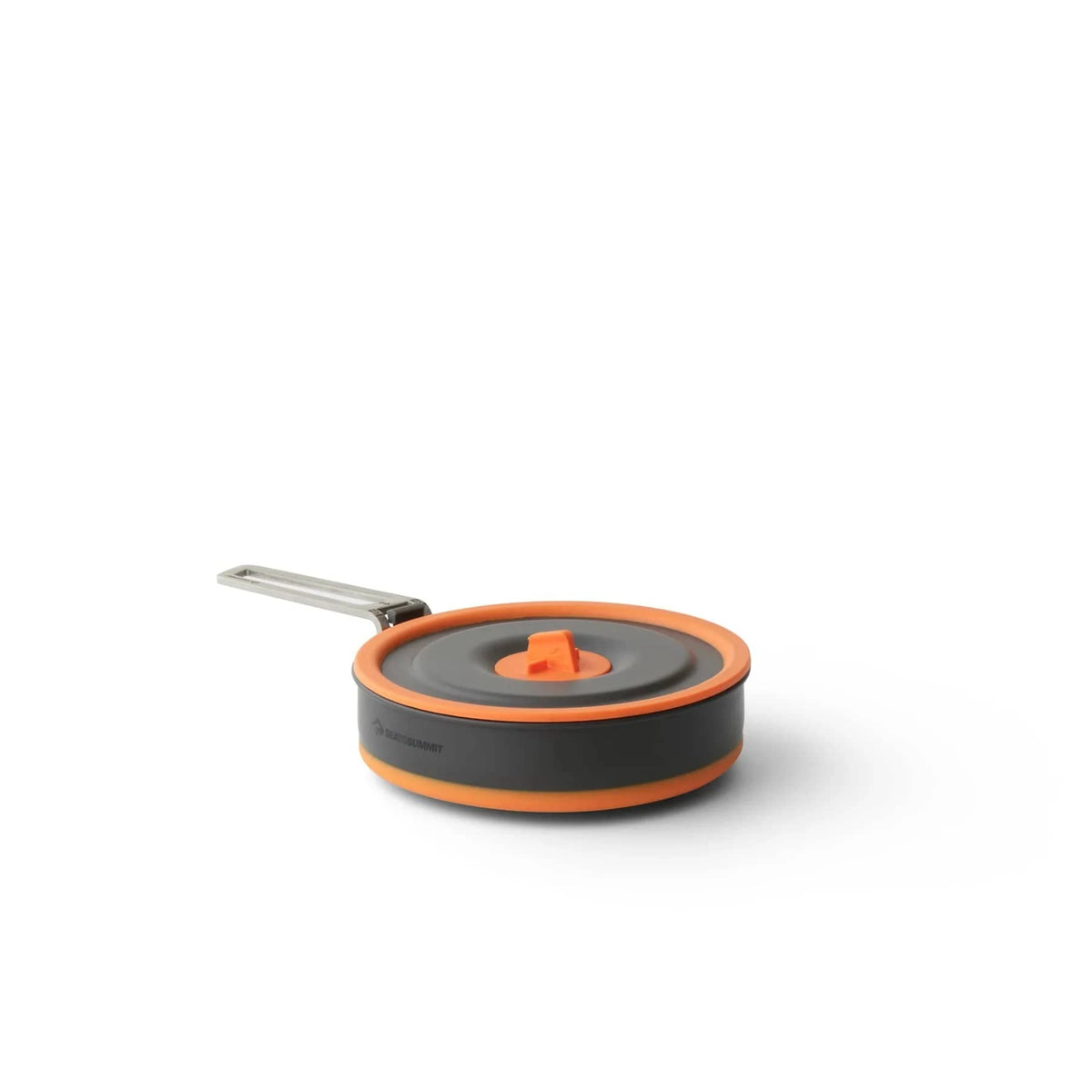 Collapsed Frontier UL pot with its orange-trimmed lid and silicone grip in place