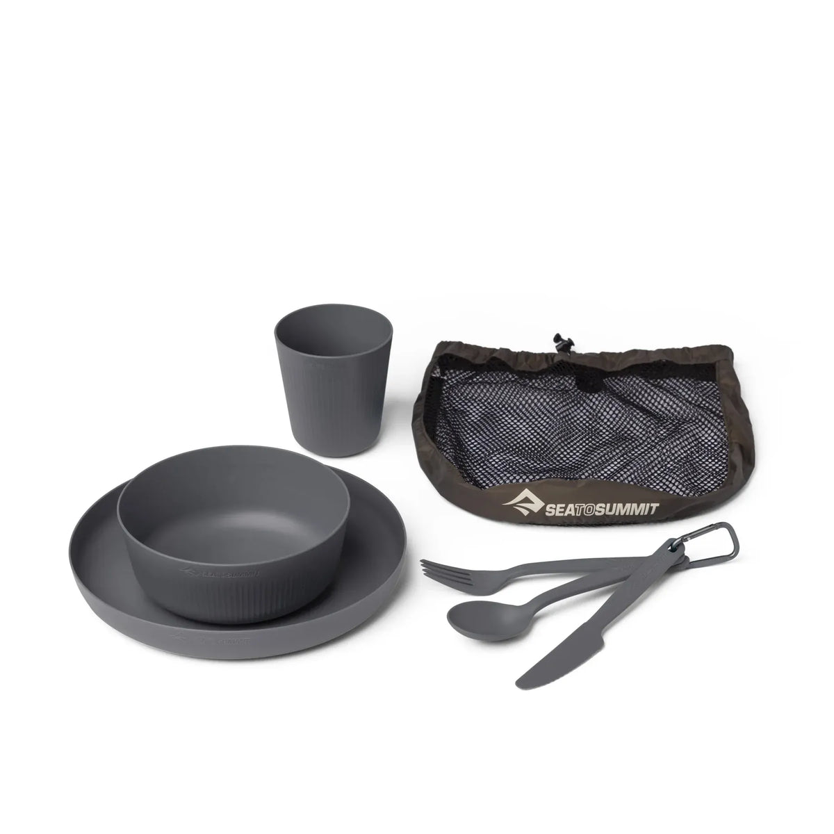 Charcoal Camp Dinnerware Set beside the open mesh storage sack