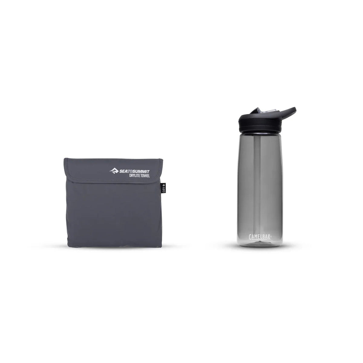 Large Drylite Towel folded into its Sea to Summit pouch beside a drink bottle