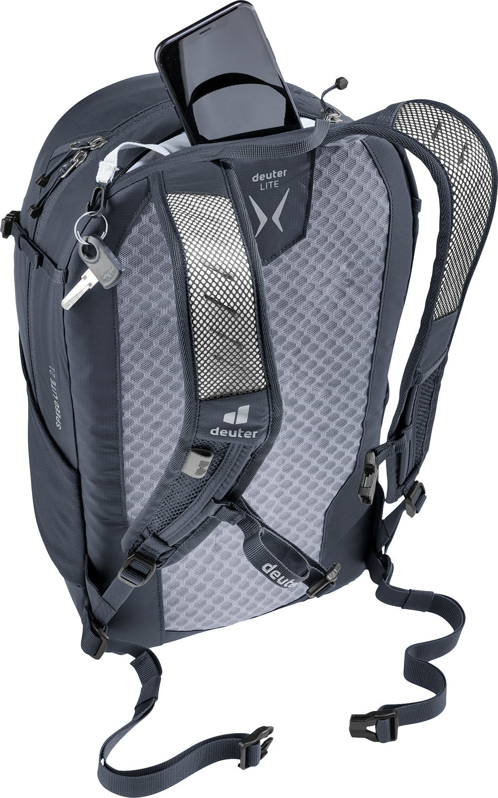 Deuter Speed Lite 21 top pocket open with a phone, and keys on the key clip