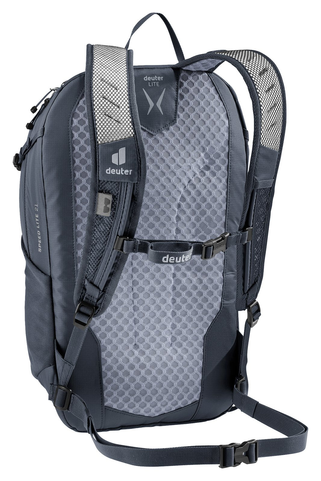 Deuter Speed Lite 21 rear three-quarter view with sternum strap and waist belt