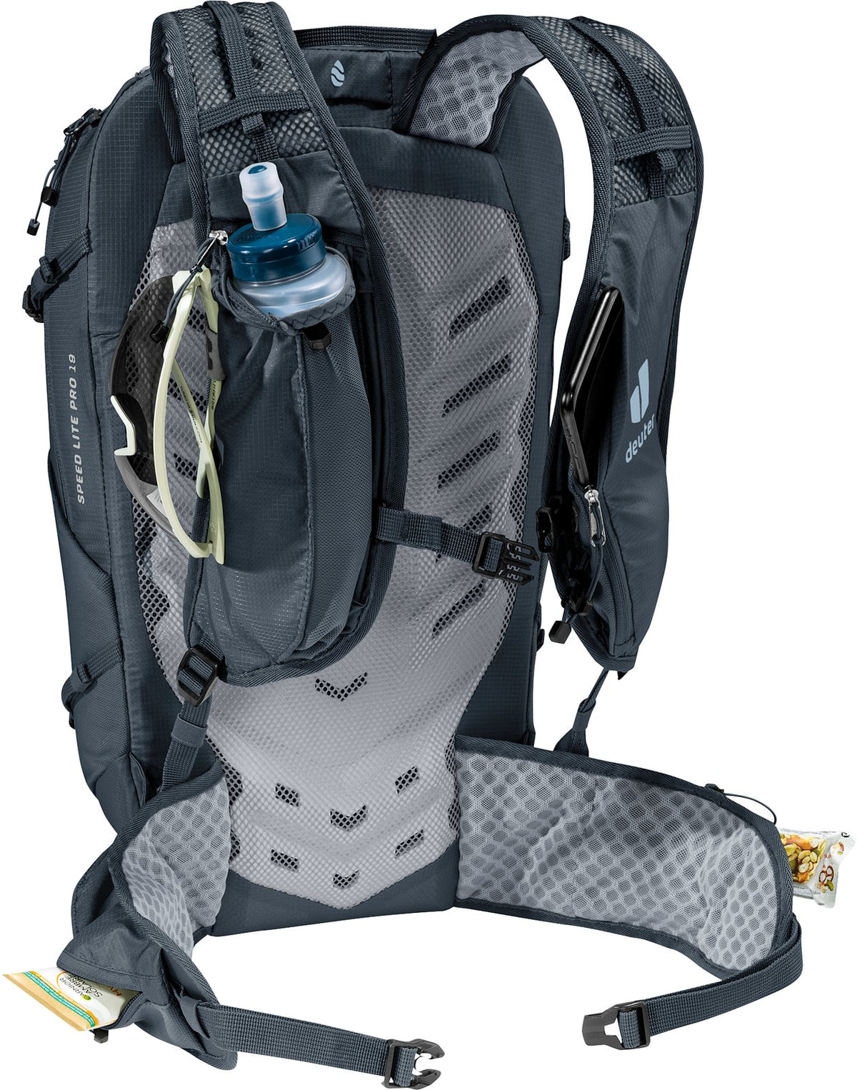Deuter Speed Lite Pro 19 harness with a soft flask in the shoulder strap pouch and a bar in the hip fin pocket