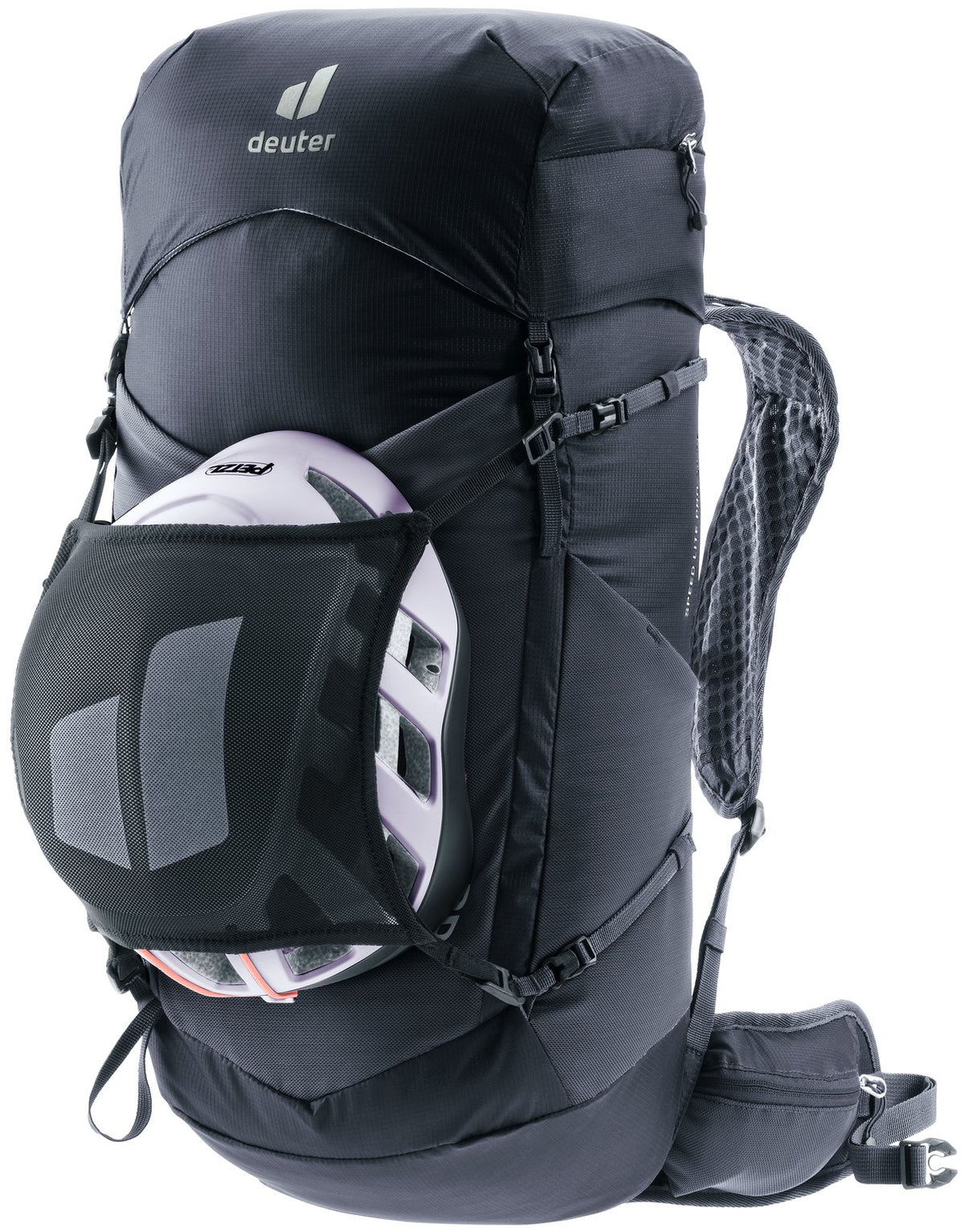 Deuter Speed Lite Pro 28 SL with a helmet in a mesh holder, sold separately