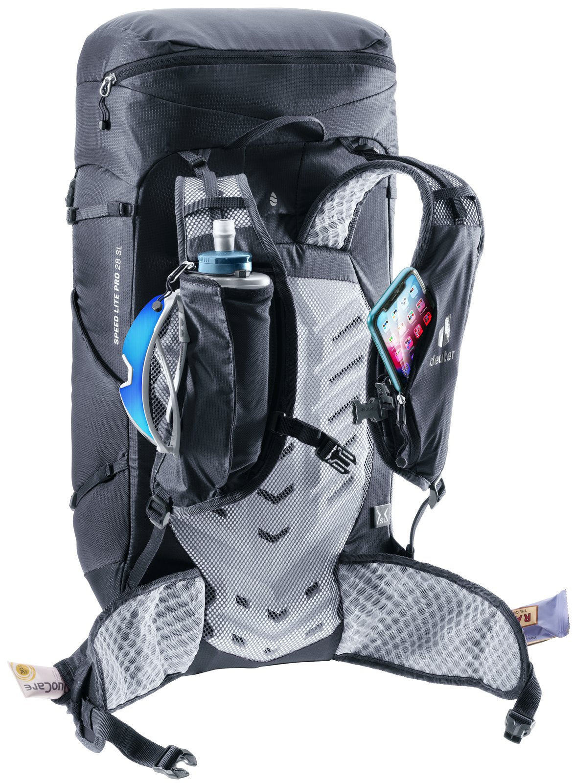Deuter Speed Lite Pro 28 SL harness with soft flasks and a phone in the shoulder strap pockets