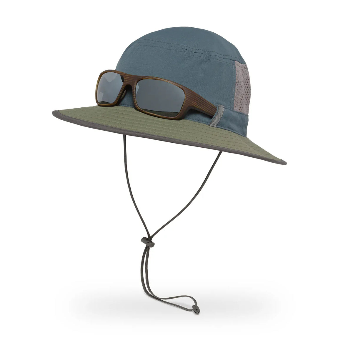 Mineral/Timber Brushline Bucket with sunglasses held in the Sunglass Lock on the crown