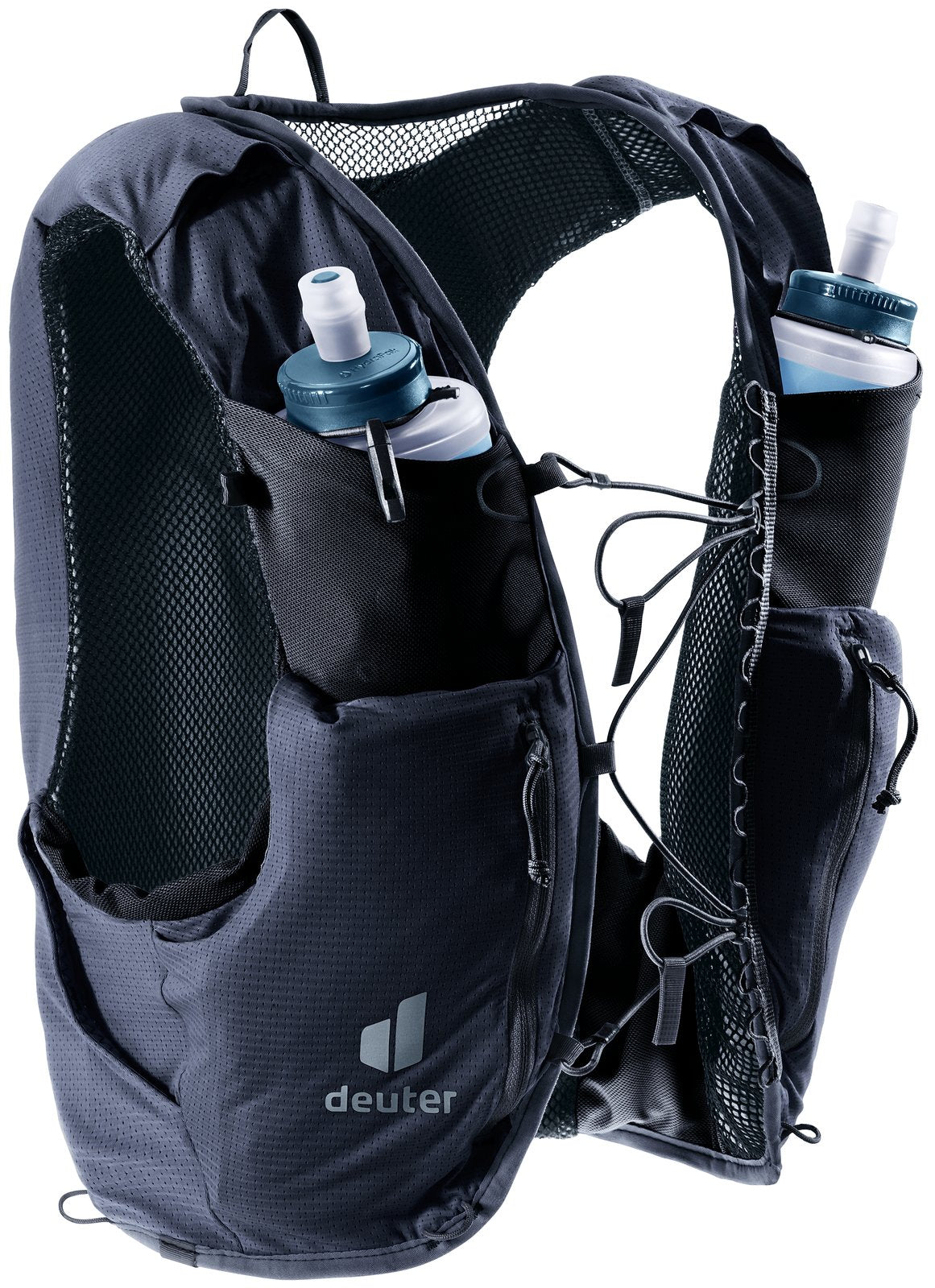 Deuter Traick 5 SL three-quarter front view of the soft flasks in their pouches