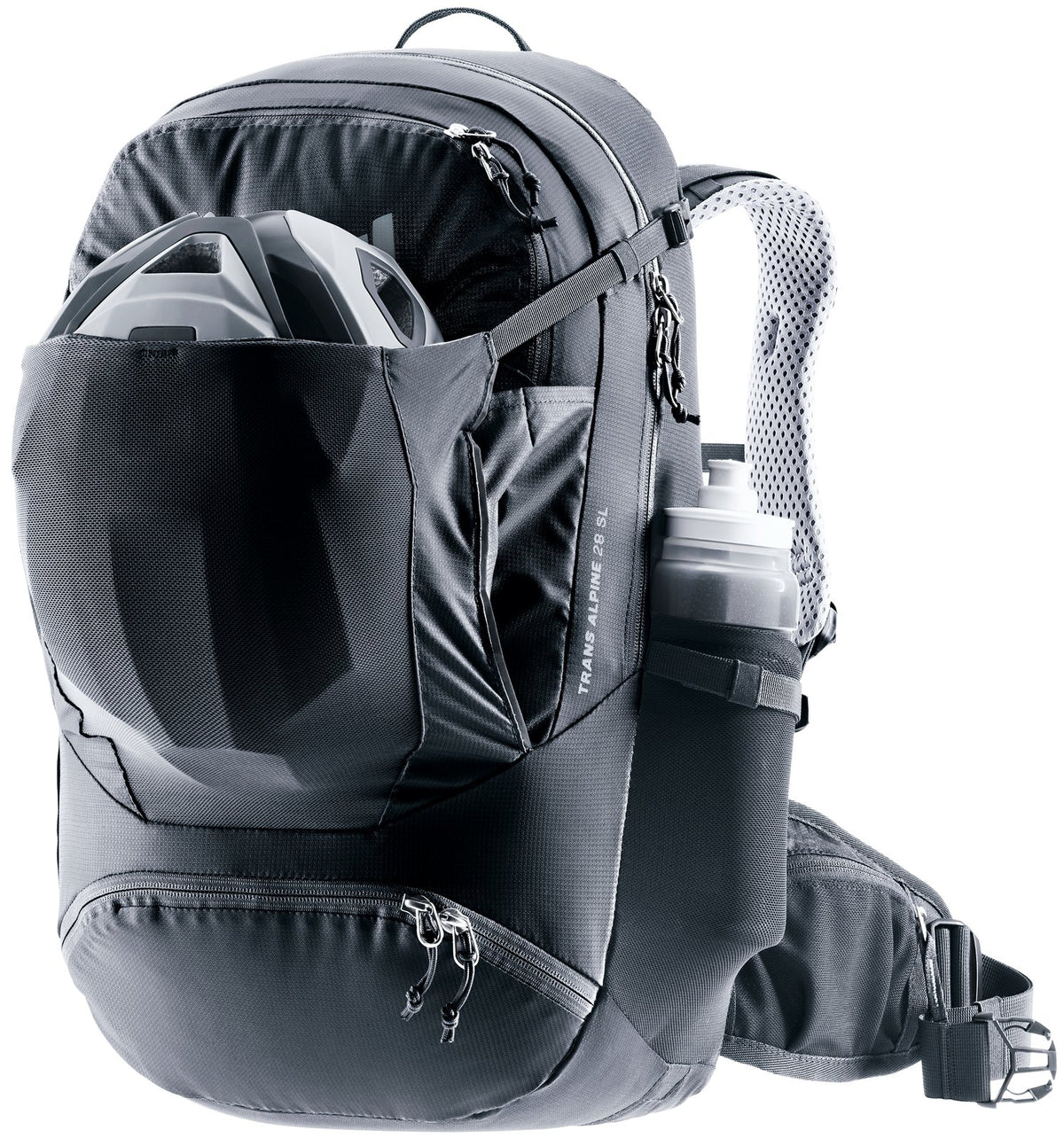 Deuter Trans Alpine 28 SL with a bike helmet in the front stash pocket and a bottle at the side
