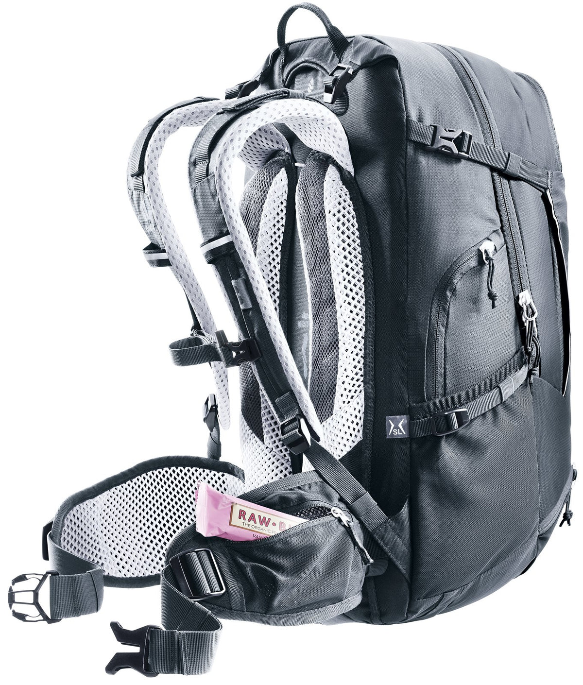Deuter Trans Alpine 28 SL with an energy bar tucked in a pocket by the hip fin