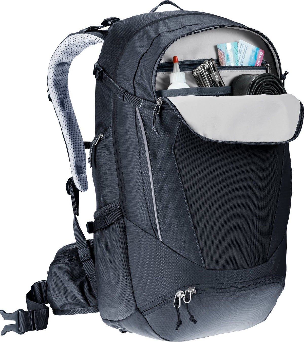 Deuter Trans Alpine 30 opened to show the tool organiser with tools and tube