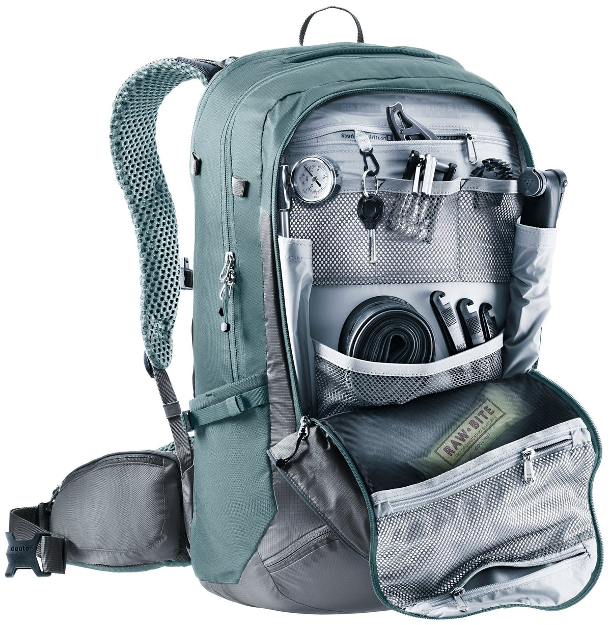 Deuter Trans Alpine Pro 28 front opened to show the tool organiser holding tools and a tube