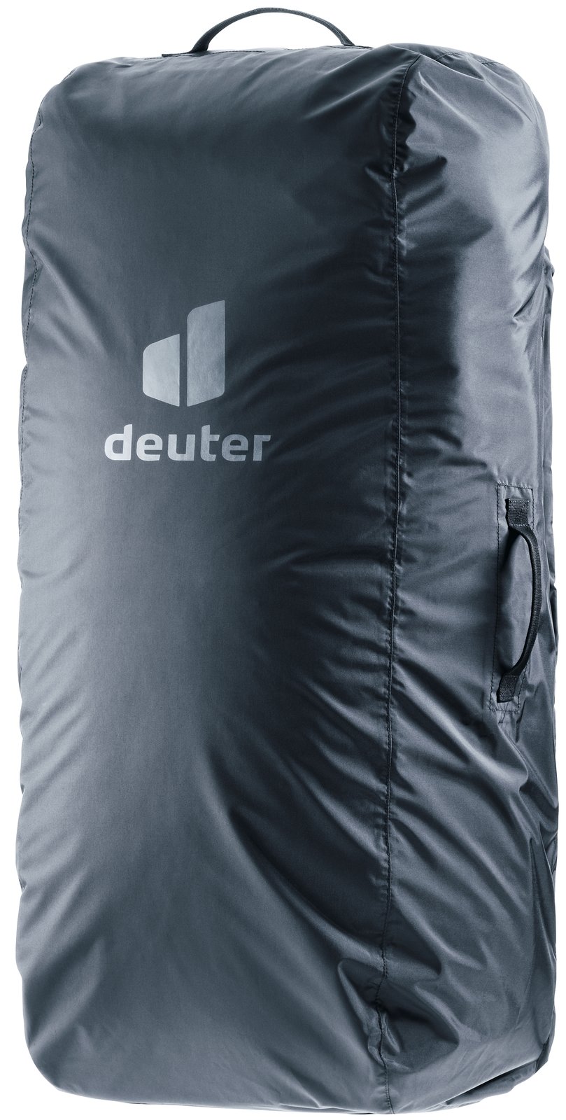 Deuter Transport Cover in Black, zipped closed around a backpack, front view