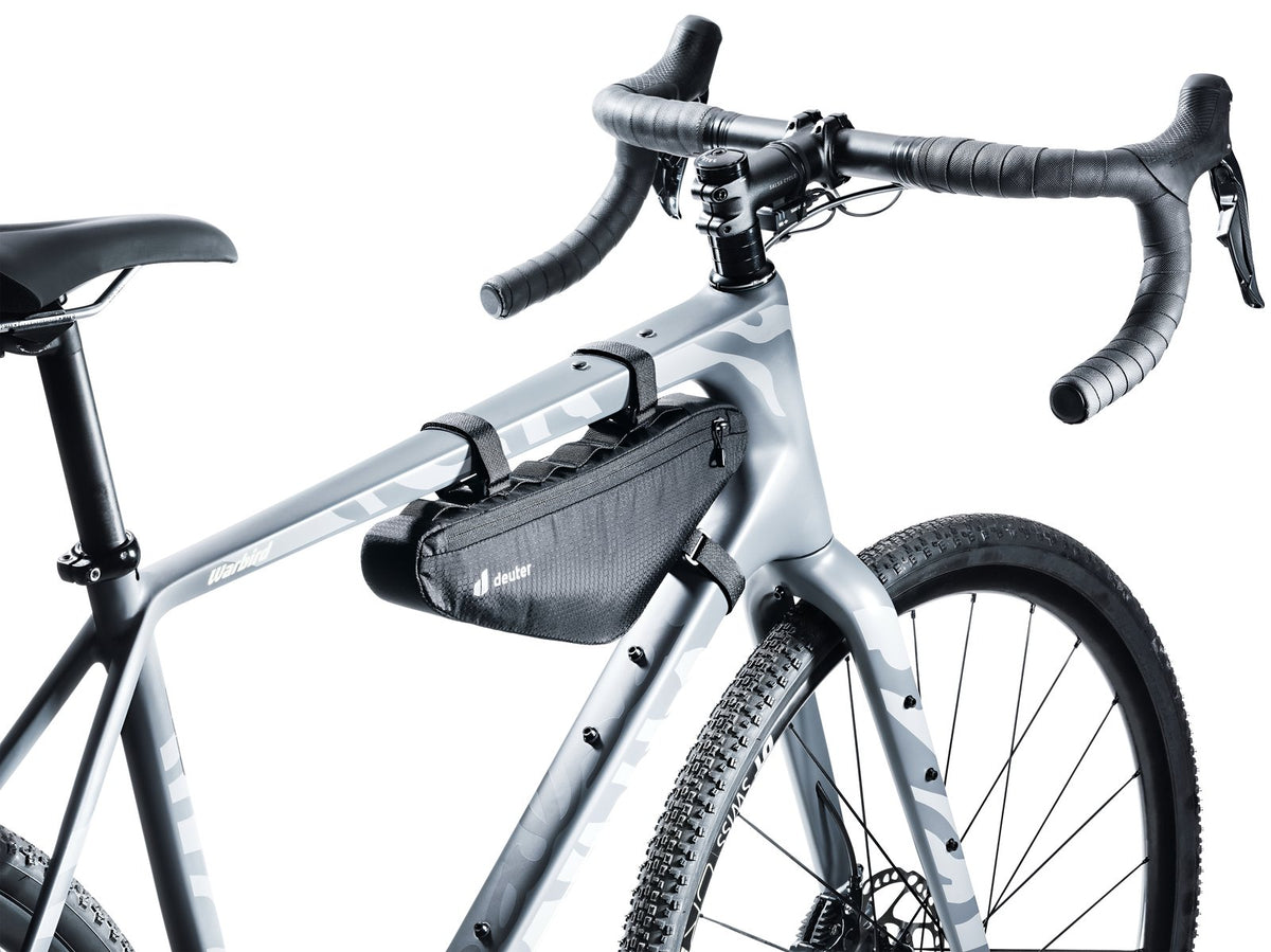 Deuter Triangle Front Bag 1.5 strapped into the front triangle of a grey drop-bar bike
