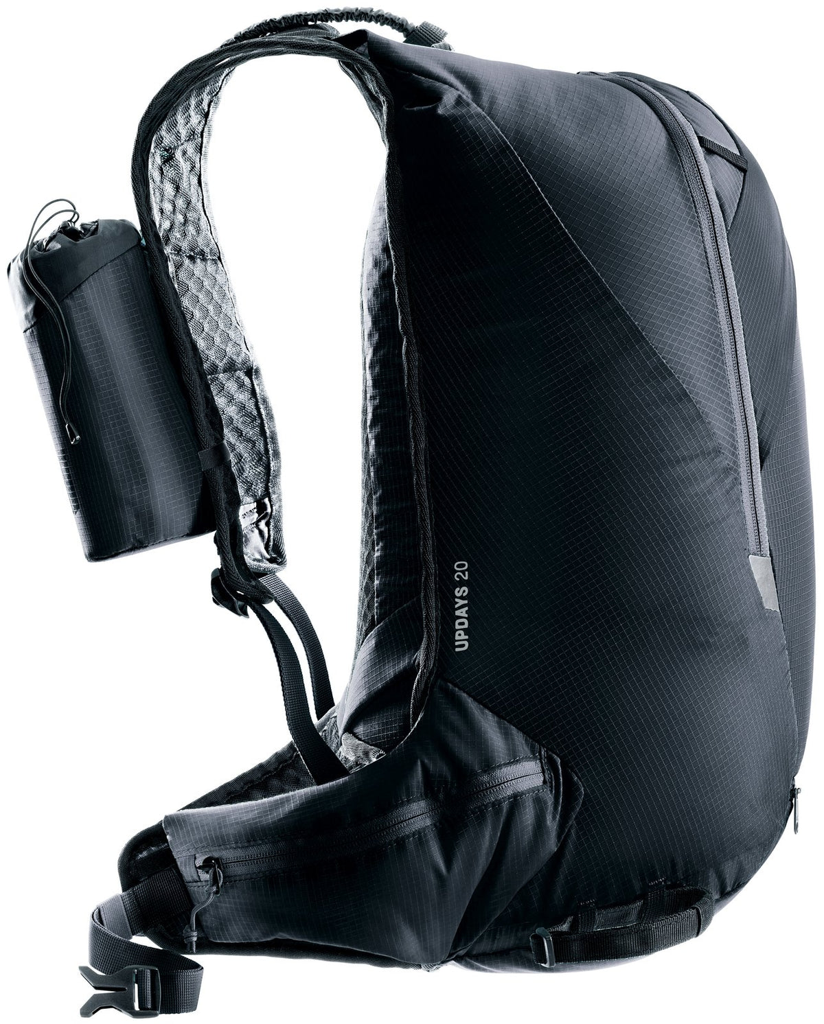 Deuter Updays 20 side view with a zipped pouch attached to the shoulder strap