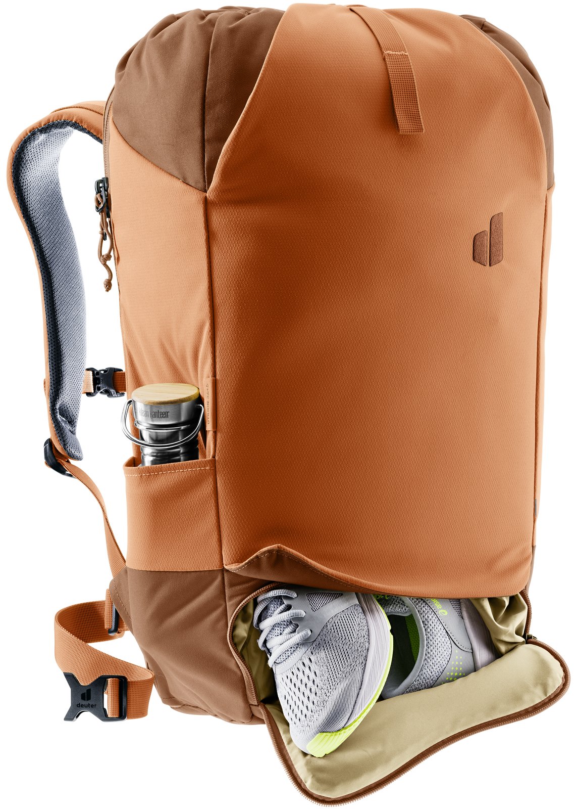 Deuter Utilion 34+5 with a bottle in the side pocket and shoes in the zipped bottom section