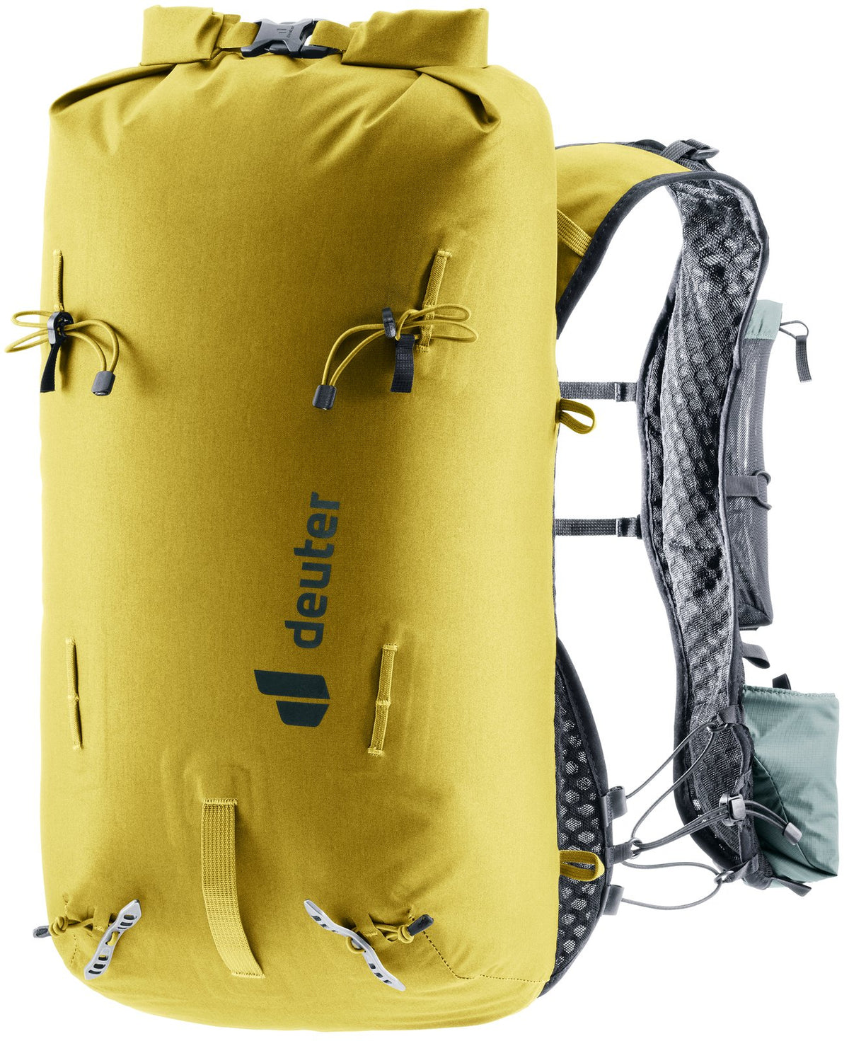 Deuter Vertrail 16 alpine vest pack in Turmeric Teal, roll-top closed, front three-quarter view