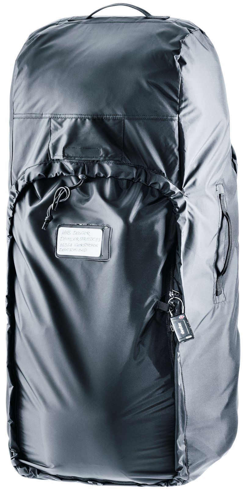 Deuter Voyager 60+10 SL zipped into its transport cover, showing the address window