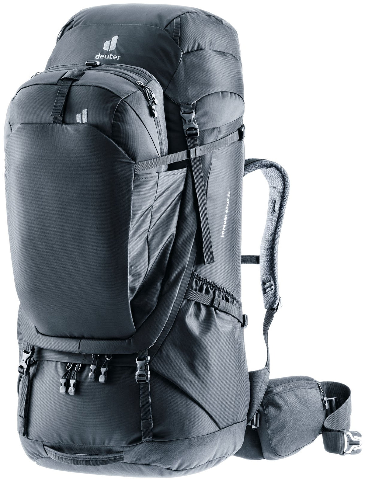 Deuter Voyager 60+10 SL women's travel backpack in Black with daypack docked on the front
